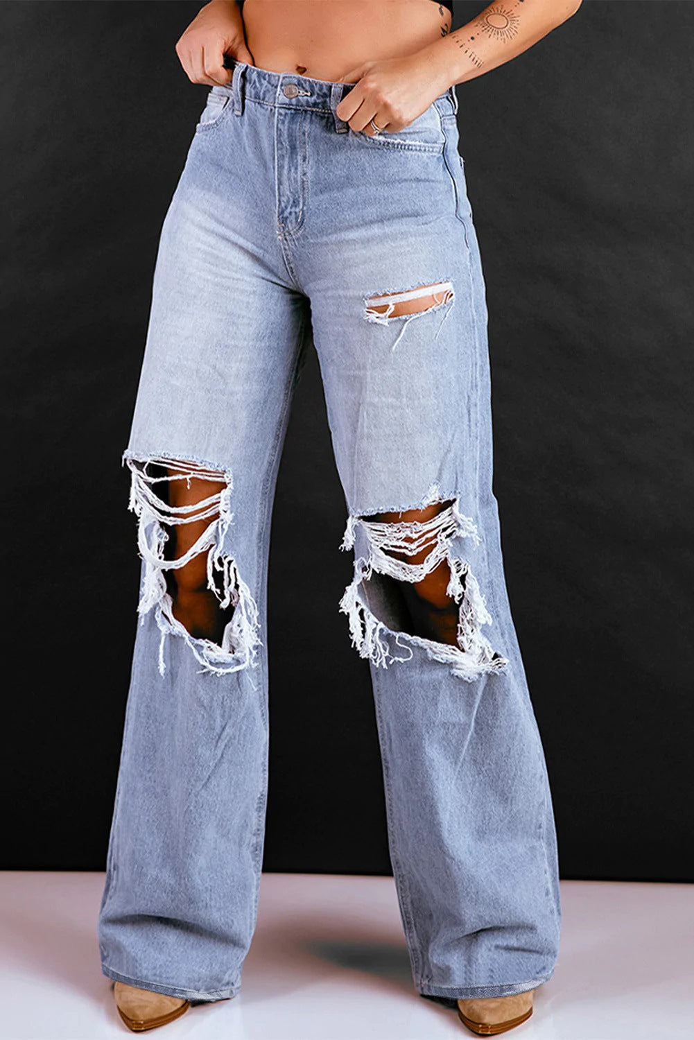 Women Loose Retro High Ripped Wide Leg Denim Pants 3