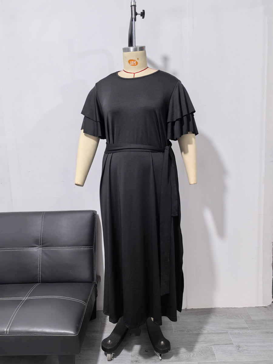 Plus Size Women Long Sleeve Solid Slit Sexy Dress