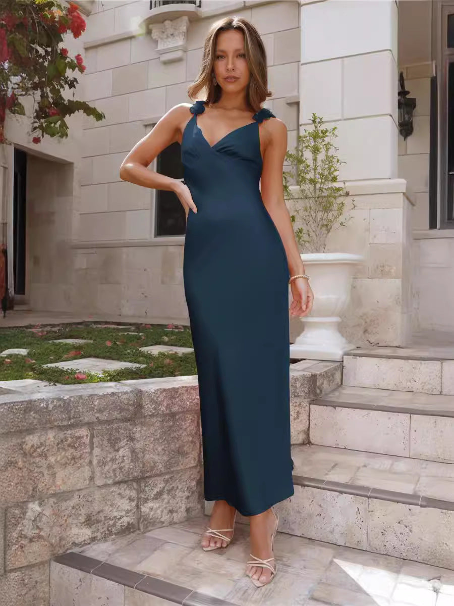 Women bow tie strap dress Sexy Backless Evening Dress 5