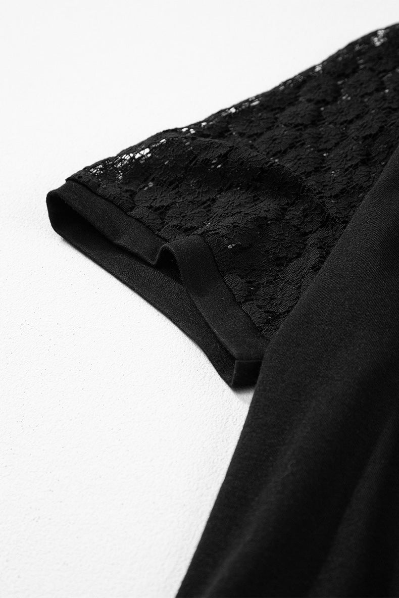 Women Spring and Summer Solid Hollow Lace Short Sleeve Round Neck Crumpled Dress 23