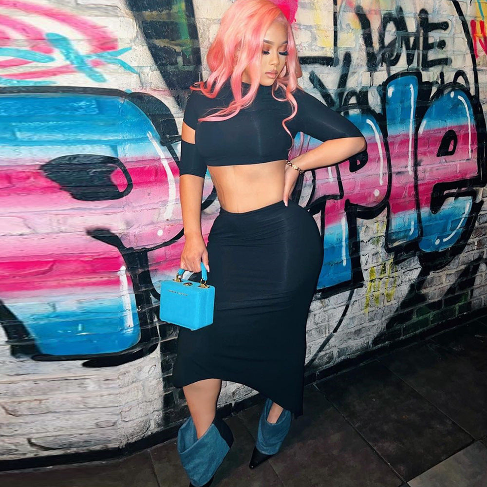 Women Trendy Style Hollow-Out Crop Top and Long Skirt Two-Piece Set 3