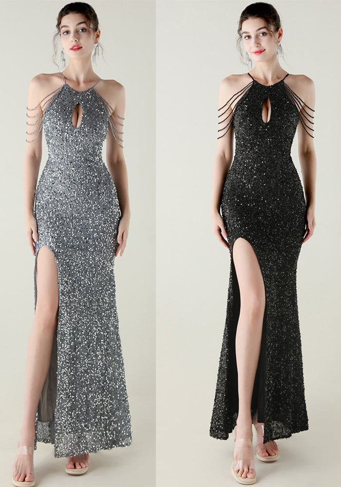 Women Halter Neck sequined beaded fishtail slit evening dress