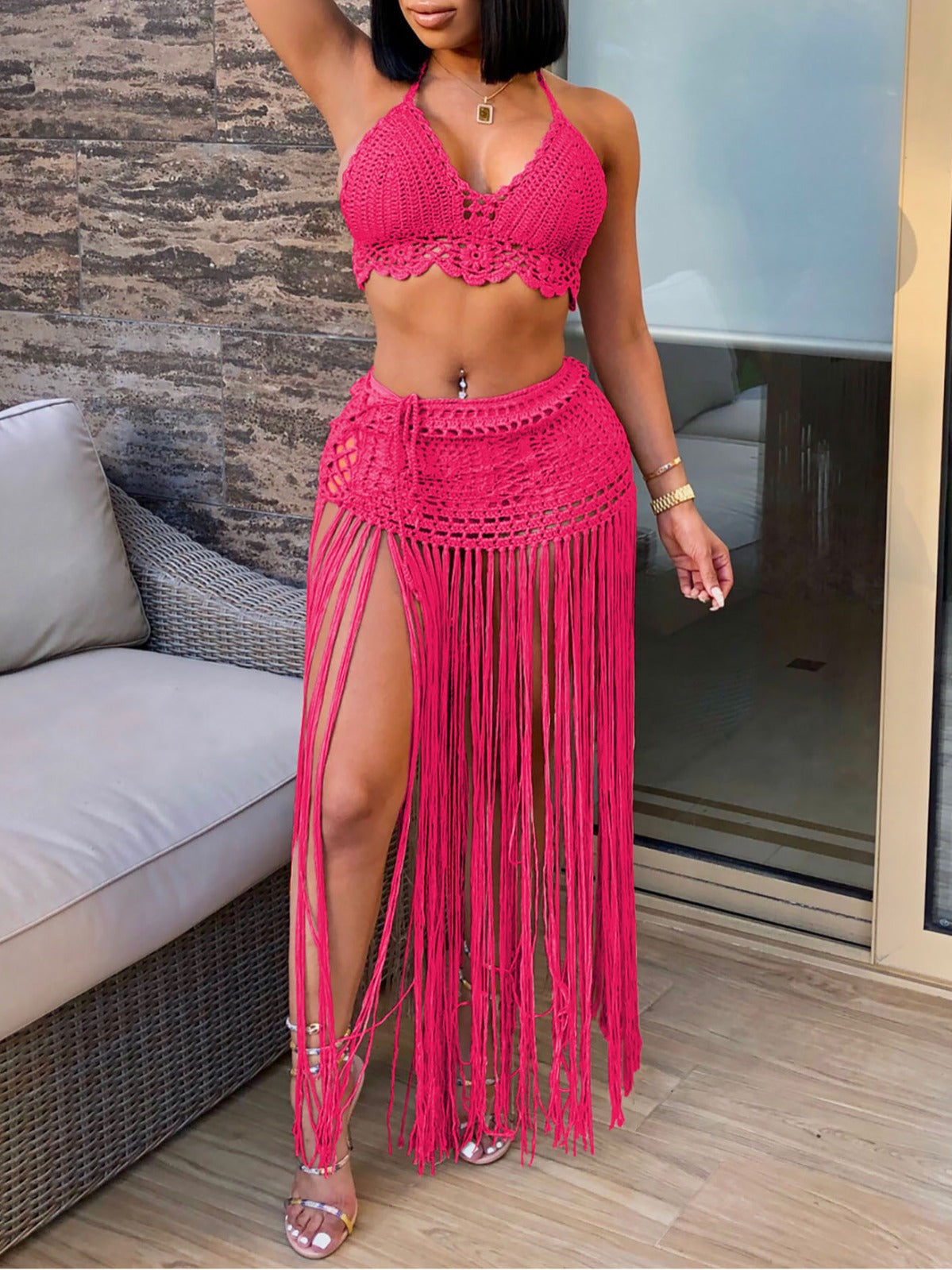 Women Beach Bikini Top and Fringed Skirt Two-piece Set 7