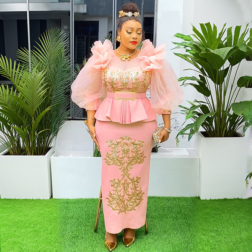 African Plus Size Women's Clothing Patchwork Bubble Sleeve Sequined High Waist Evening Dress 5