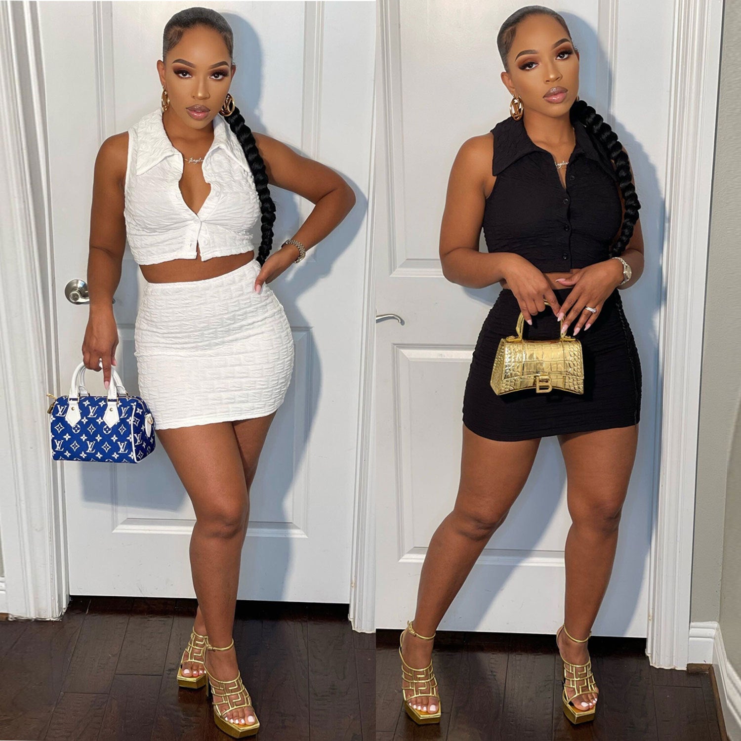 Women Sexy Solid Sleeveless Shirt Slim Nightclub Skirt Two Piece Set