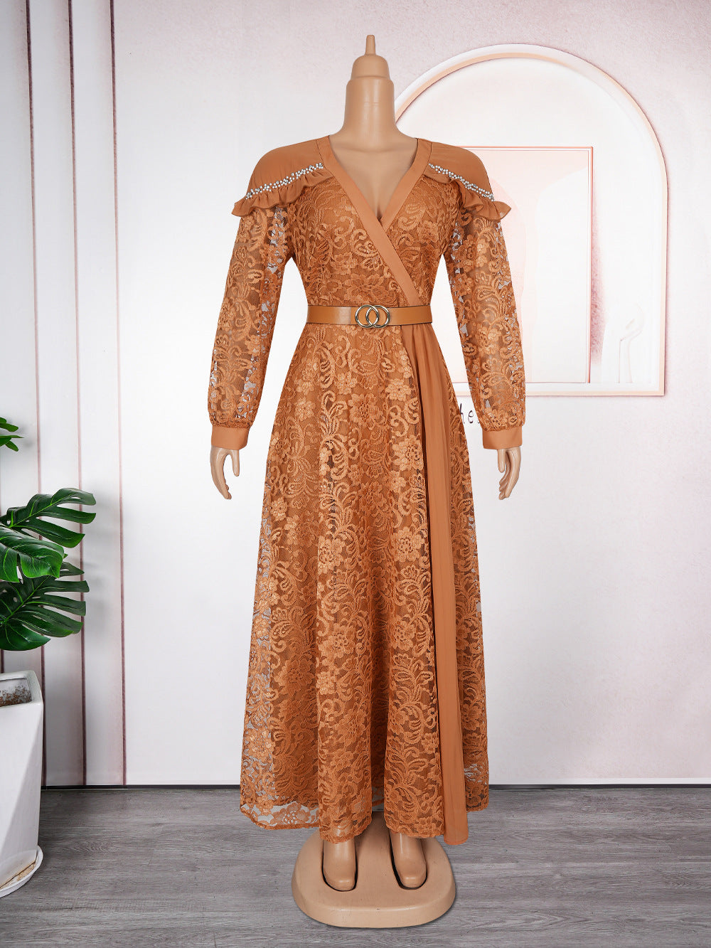 Plus Size Women Patchwork Lace Elegant Maxi Dress 11