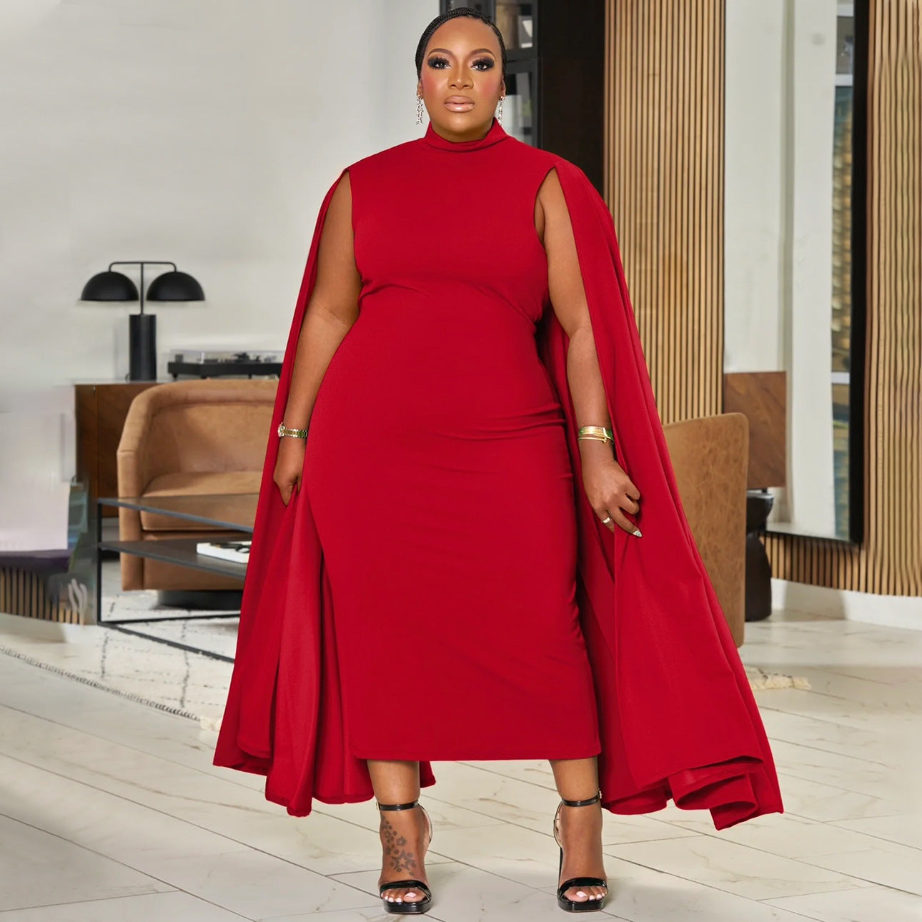 Plus Size African Women Solid Round Neck Patchwork Bodycon Dress 5