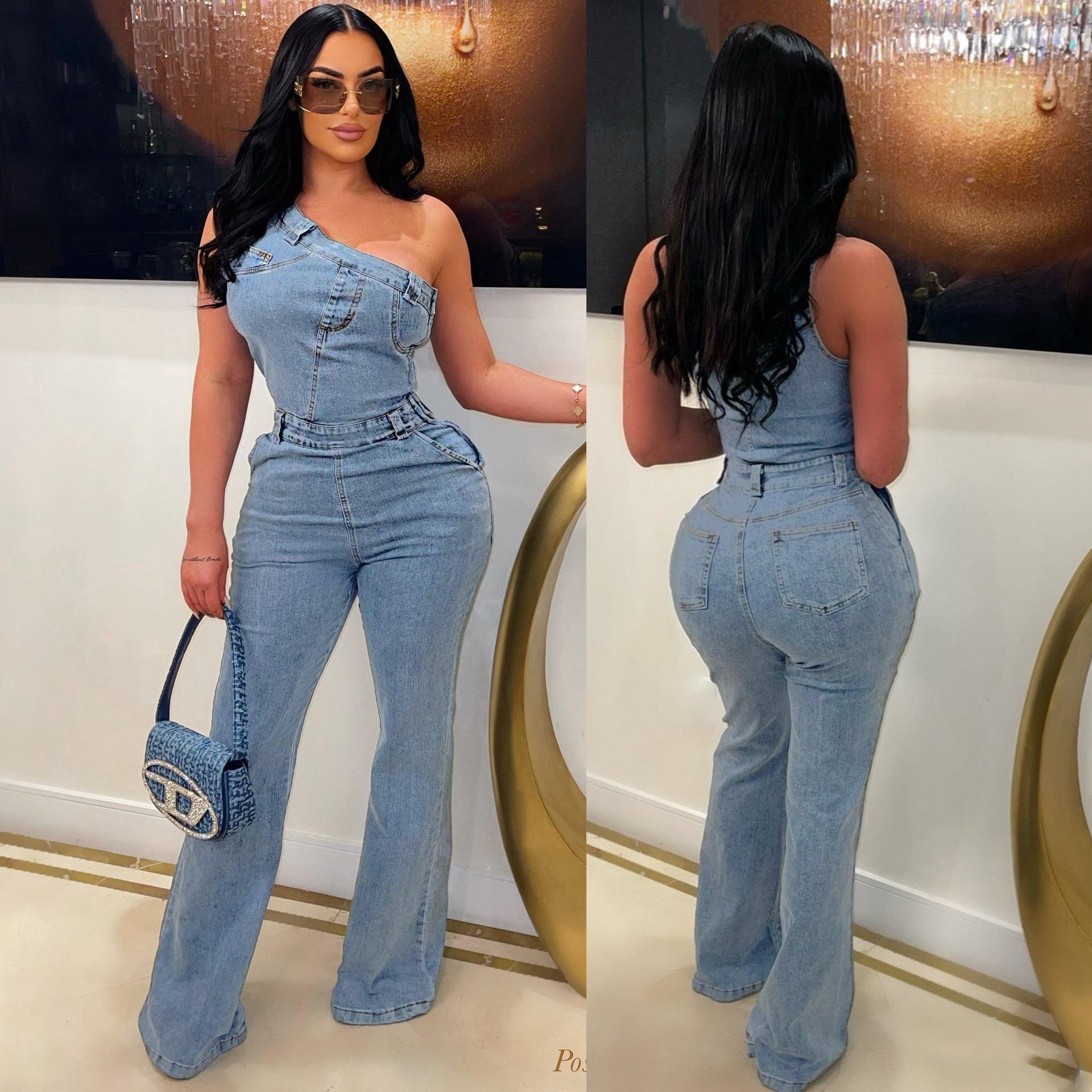 Slash Shoulder Slim Fit Stretch Washed Bell Bottom Denim Jumpsuit