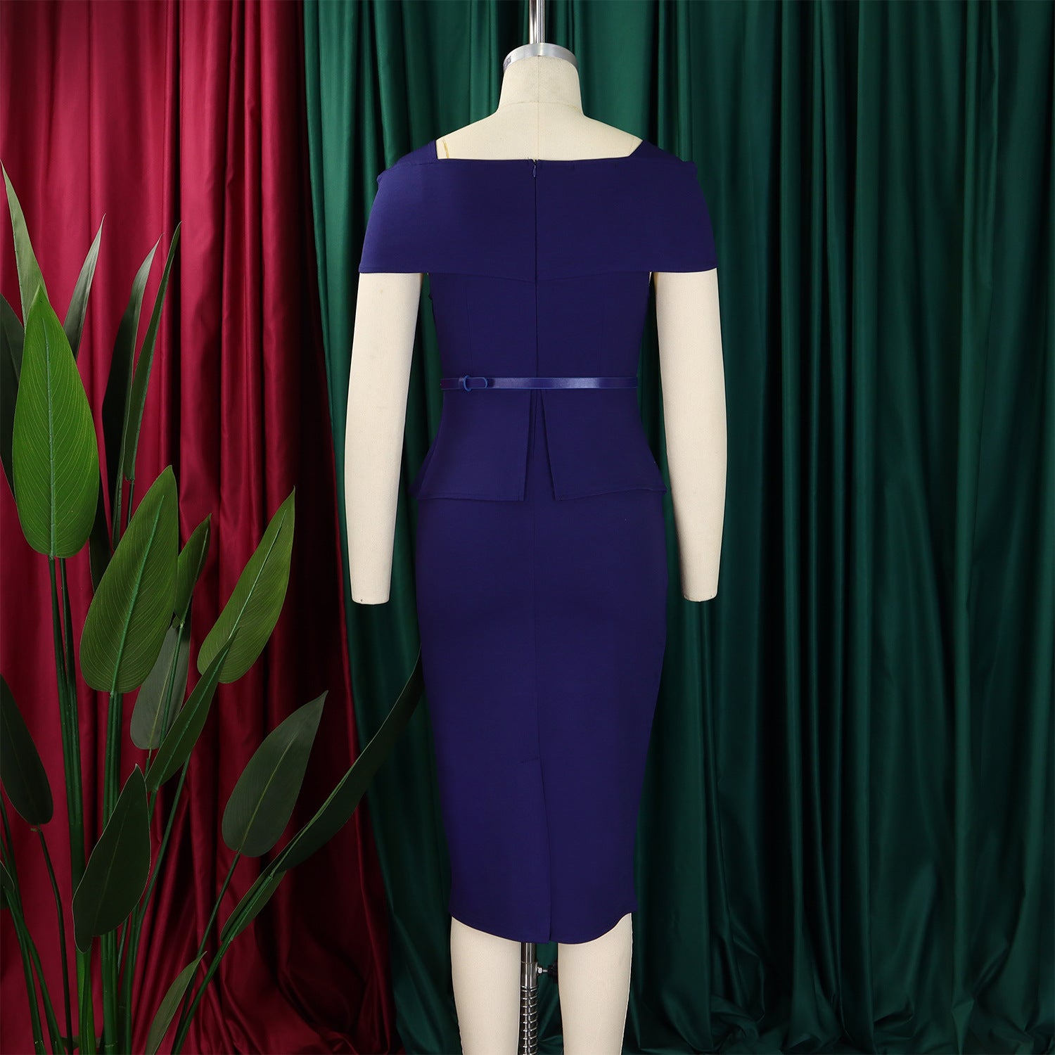 African Women's Solid Color High-Waist Ruffle Short-Sleeve Square-Neck Bodycon Pencil Dress 26