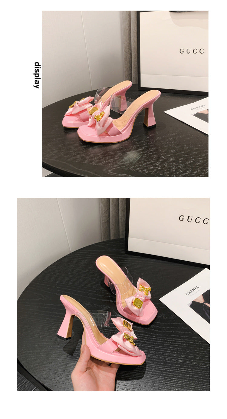 Women's Shoes Metal Decorative Bow High Heel Platform Sandals And Slippers 9