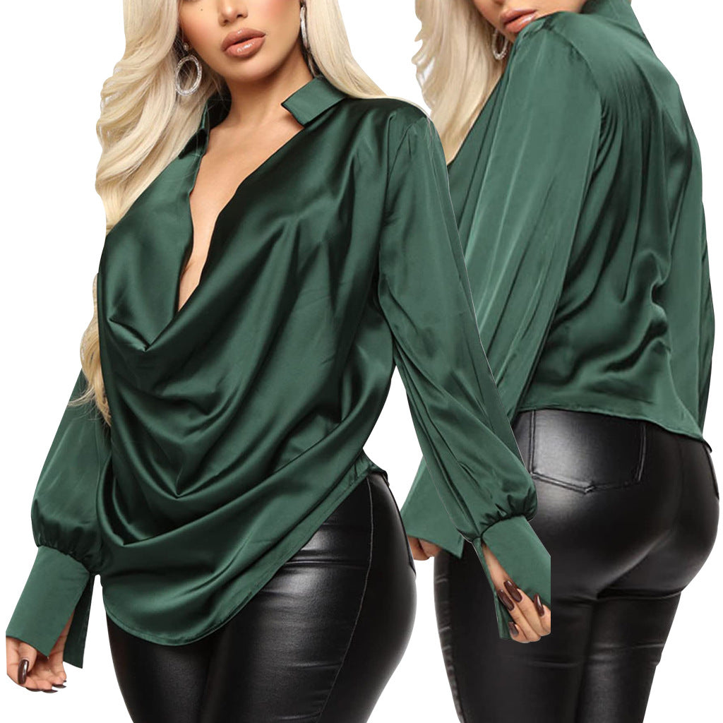 Sexy Fashion Solid Color Stretch Ladies Satin Blouse 18