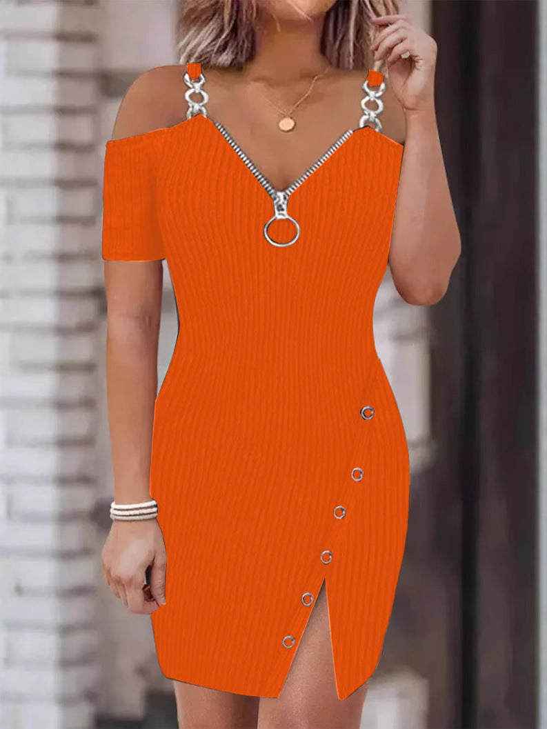 Women Fall and Winter V-neck Short Sleeve Solid Metal Slit Dress 6