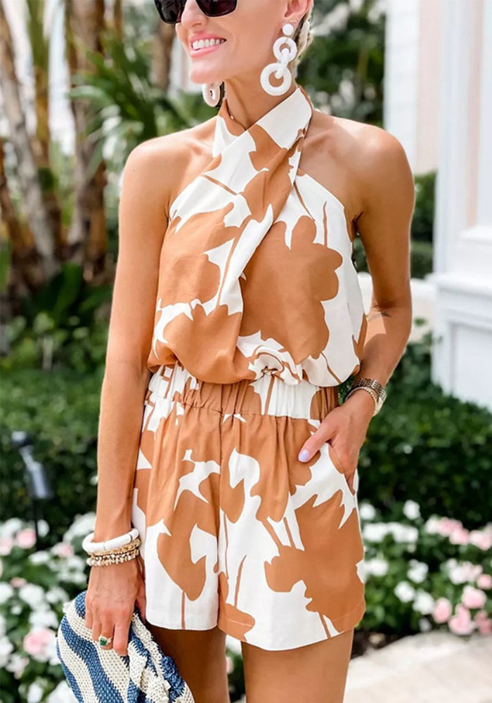 Summer printed Lace-Up Low Back top pocket shorts two-piece set for women