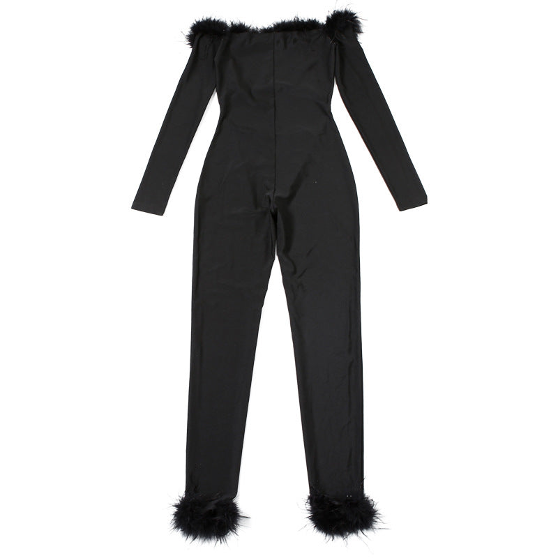 Spring Fashion Street Trend Off Shoulder Fur Patchwork High-Waist Hollow Women's Jumpsuit 10