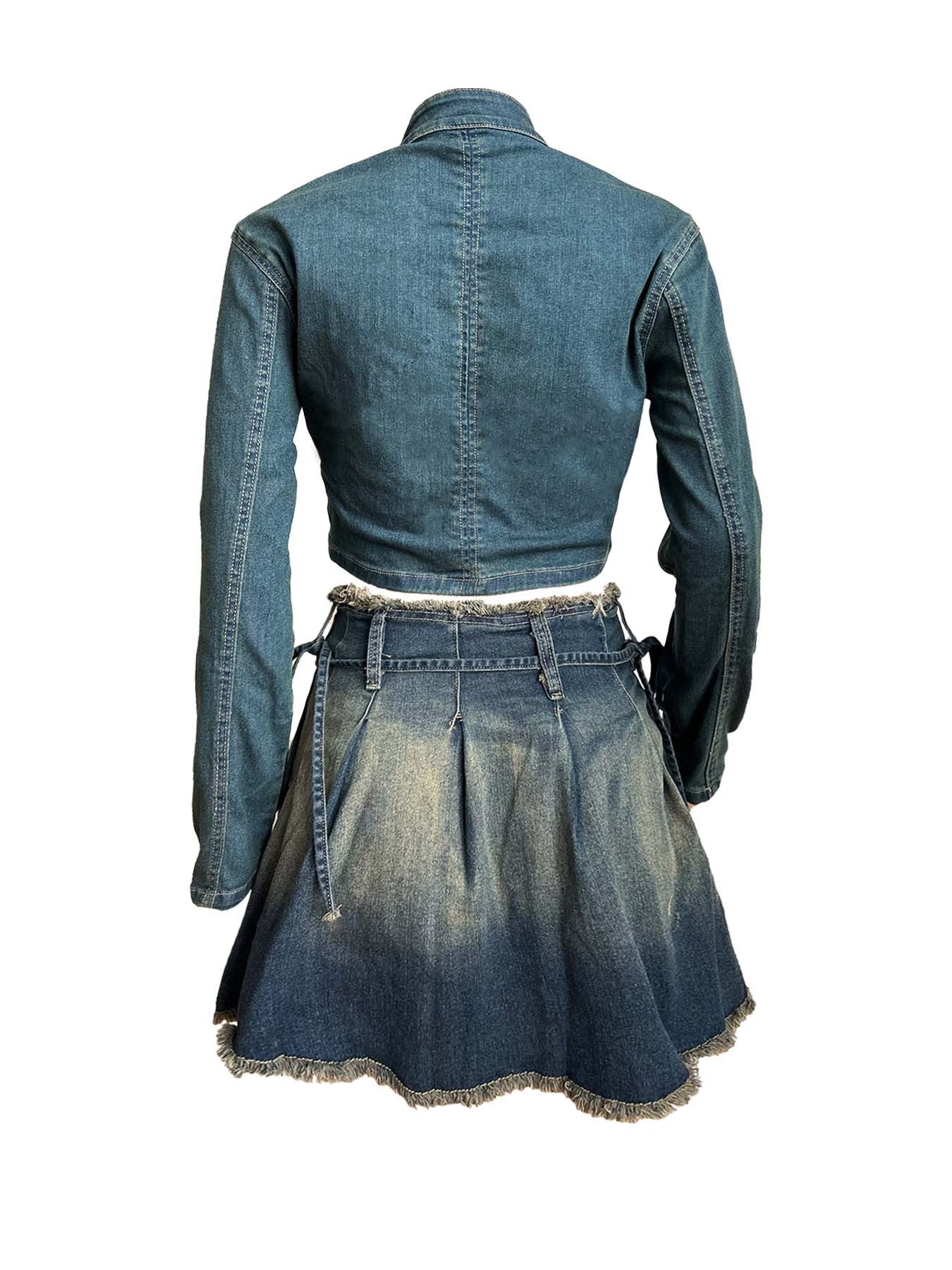 Women 's Embroidered Denim Top Pleated Skirt Two Piece Set 14