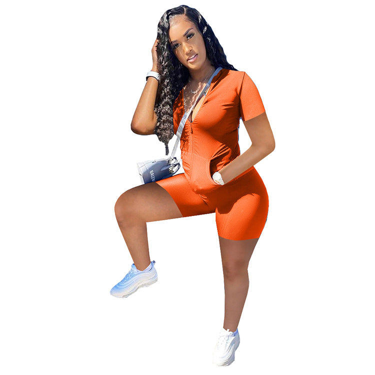 Women Summer Casual Solid Zipper Top and Shorts Two-Piece Set 12