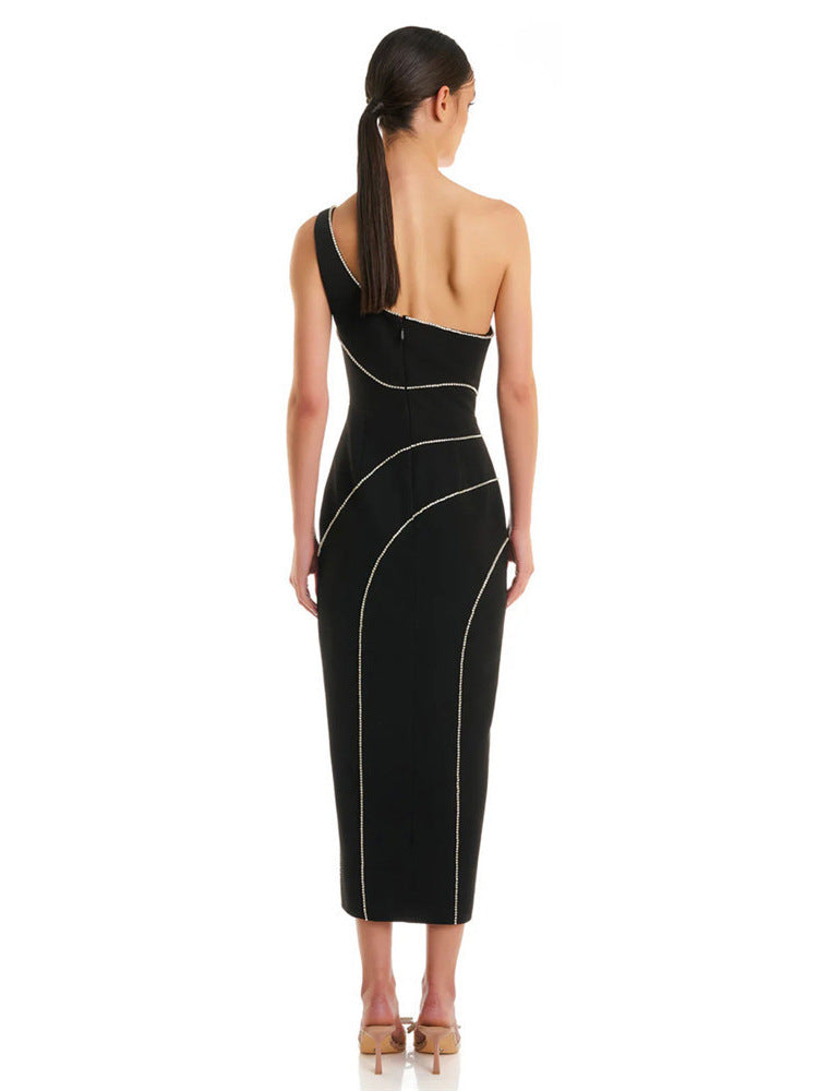 One-shoulder diamond split sexy elegant women's party evening dress 4