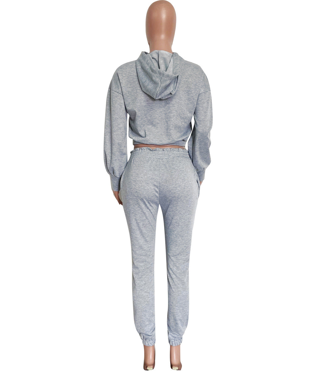 Women's Solid Color Hong Sleeve Hollow Hoodies Sweatpants Two-Piece Set 5