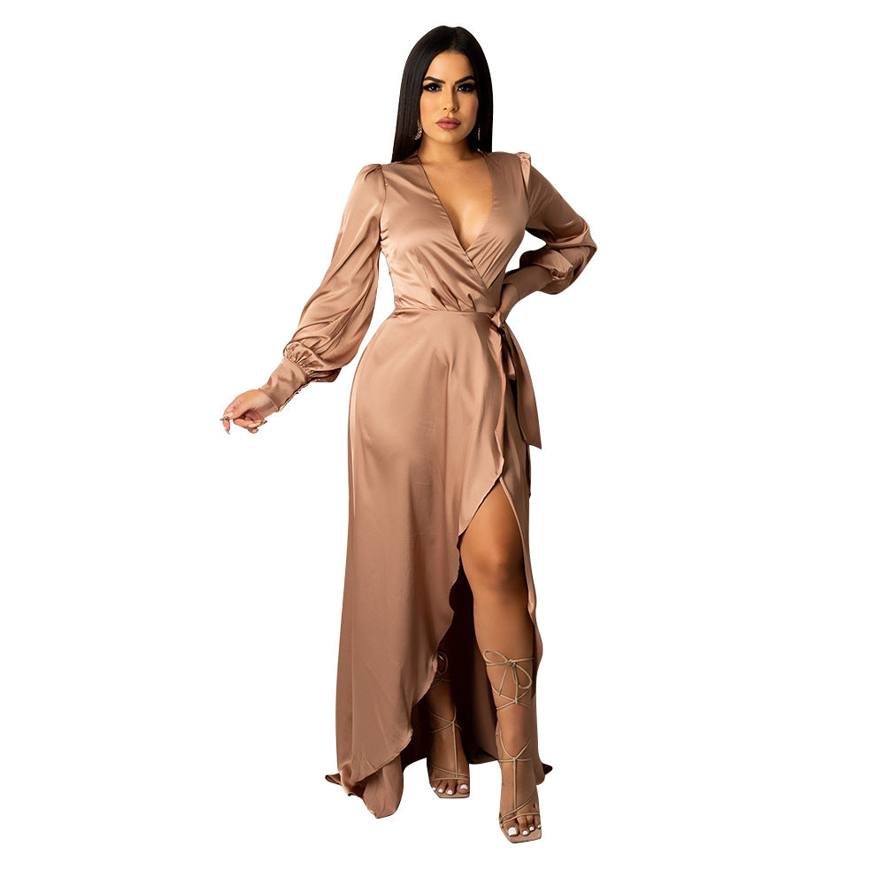 Women's Fashionable And Sexy V-Neck Solid Color Satin Lace-Up Irregular Long Dress 16