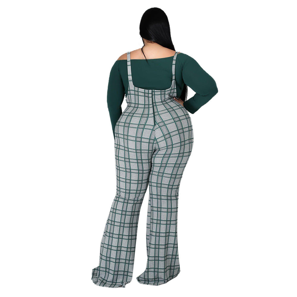 Plus Size Women Long Sleeve Top and Plaid Suspenders Set 4
