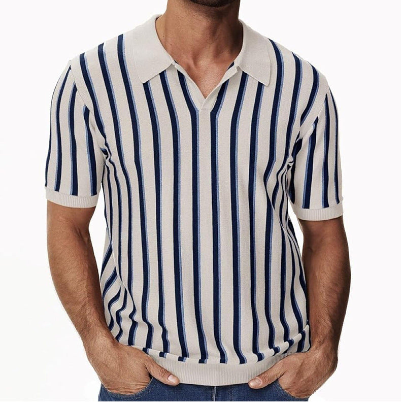 Men's Summer Turndown Collar Chic Striped Knitting polo Shirt Short Sleeve Tops 3