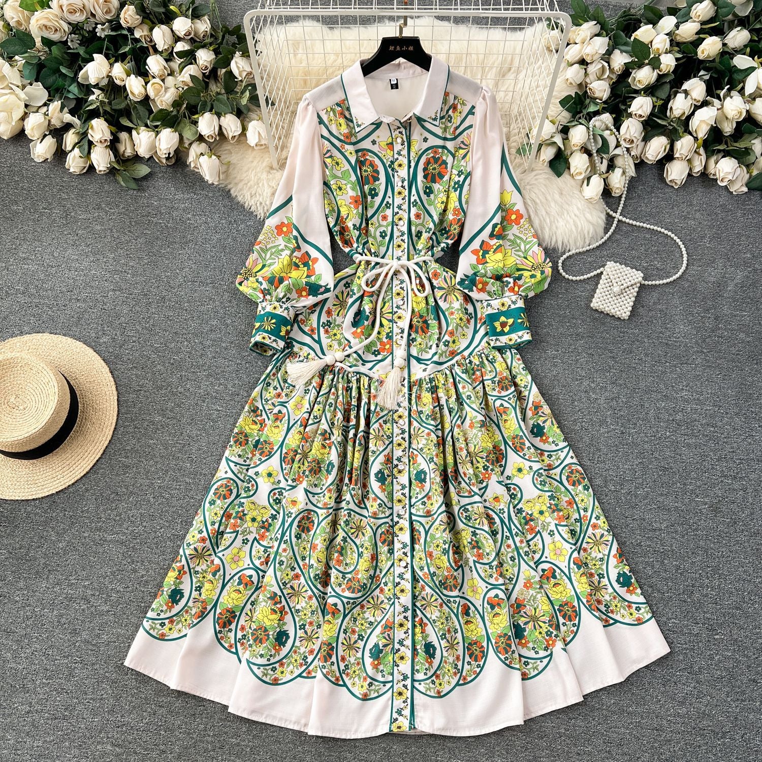 Women French retro print color matching shirt dress 7