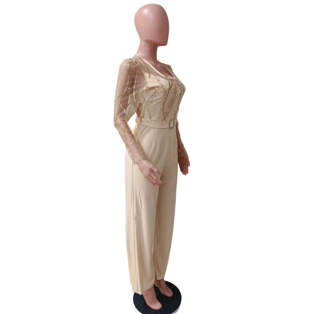 Women's Mesh See-Through Embroidery Patchwork Sexy Jumpsuit (Includes Belt) 13
