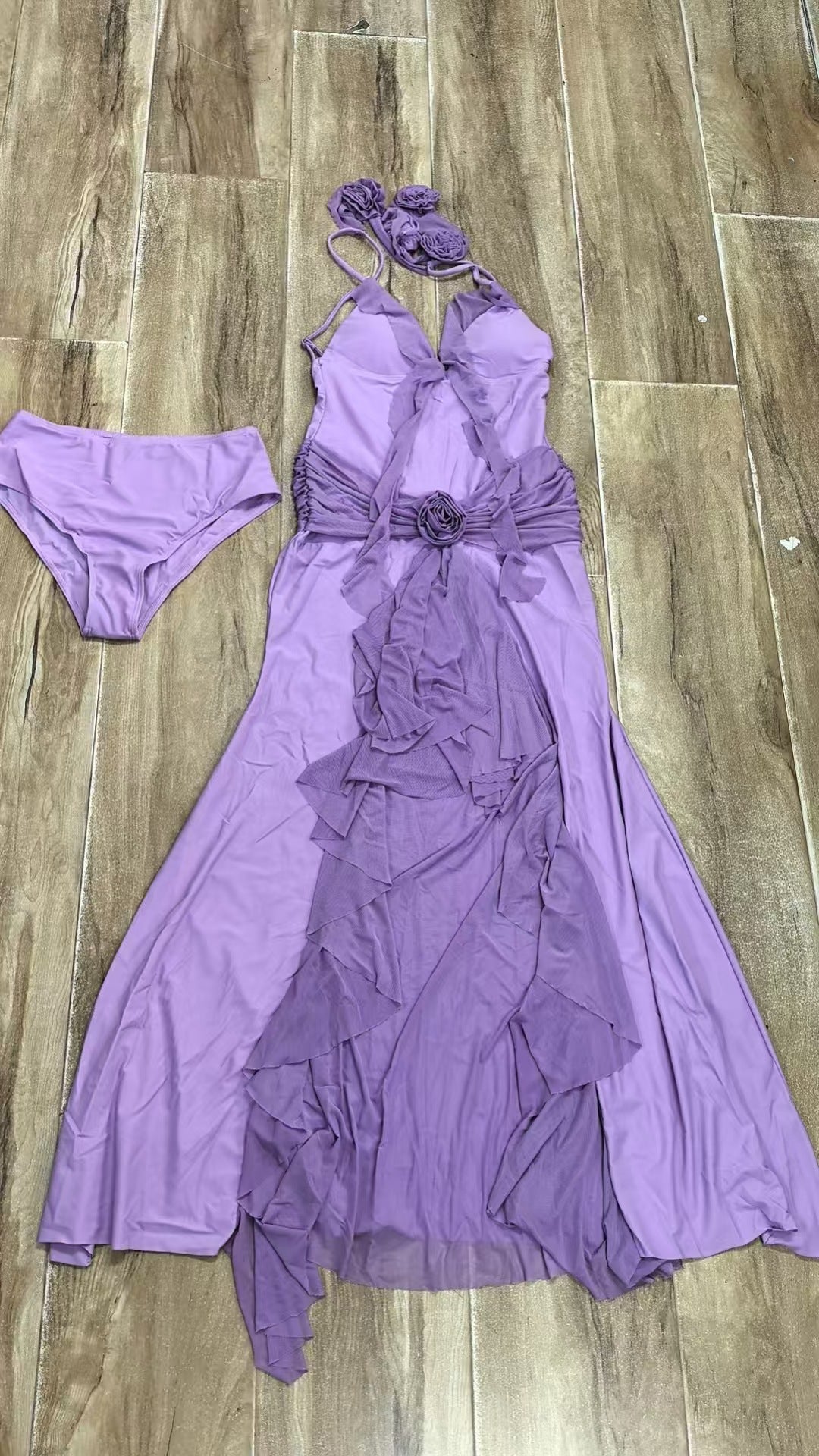 Women Solid Suspender Ruffle Sexy Slit Maxi Dress 7