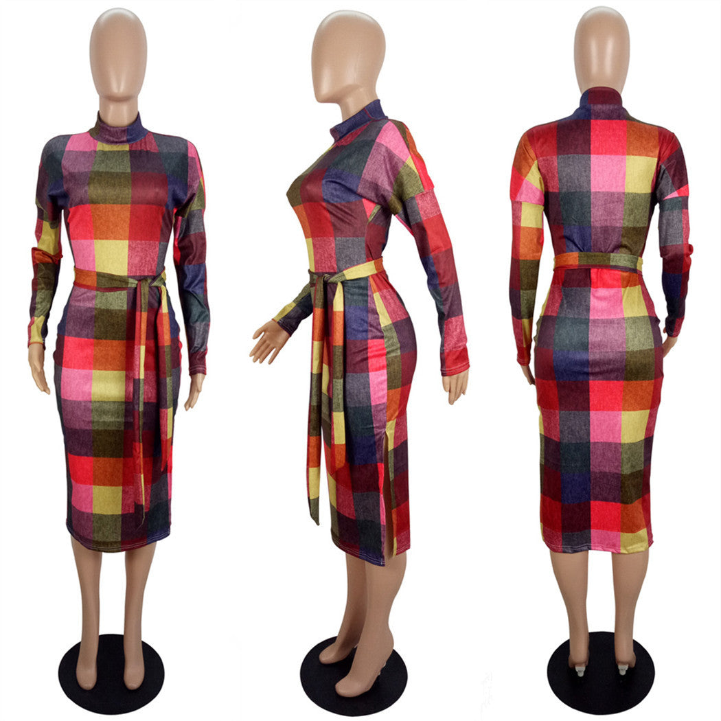 Women's Fashion Positioning Contrast Print Side Slit Slim Dress With Belt 8