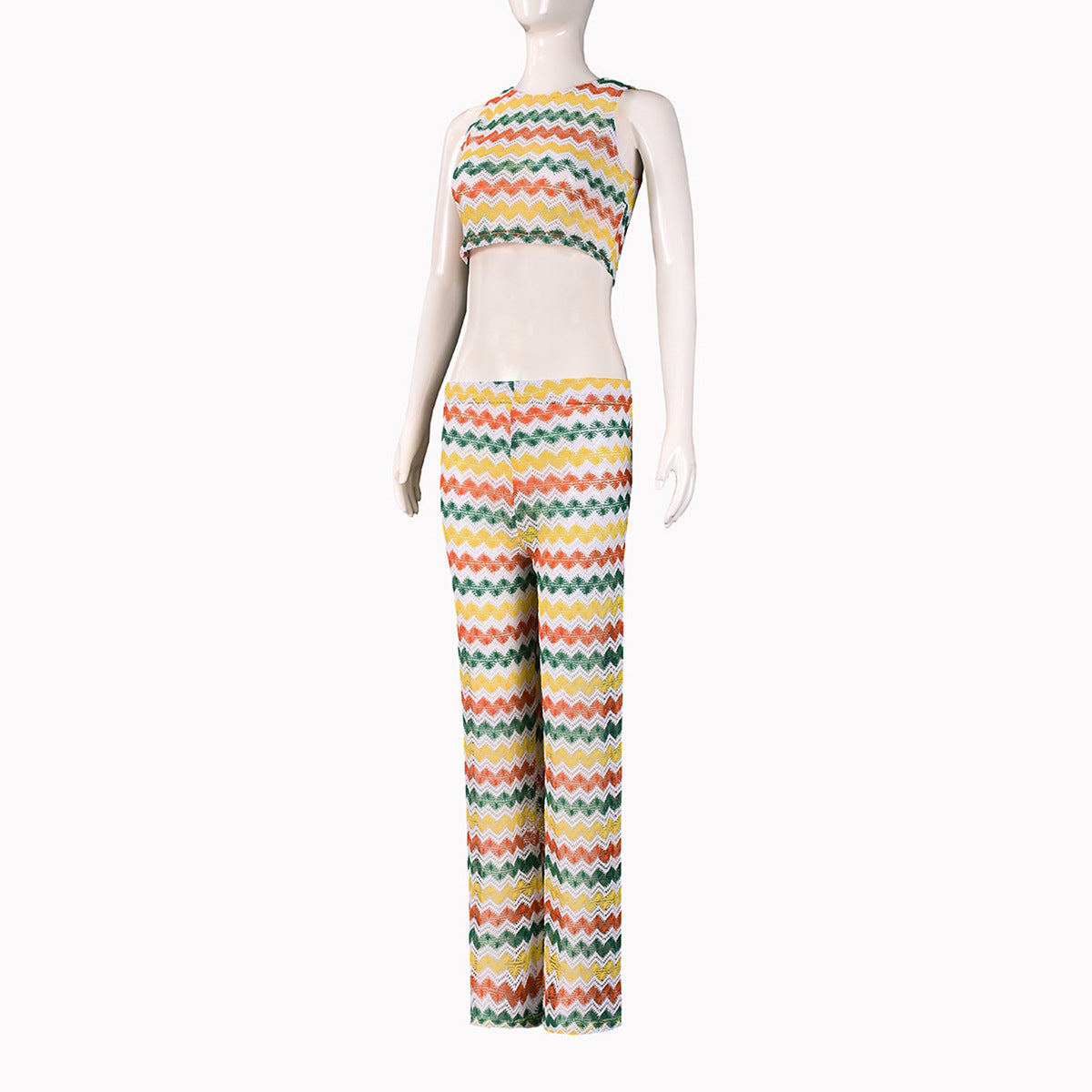 Summer Colorful Striped Sleeveless Knitting Two Piece Pants Set 6