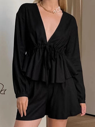 Black V-Neck Linen Long Sleeve Top Shorts Autumn And Winter Fashion Two-Piece Set 6