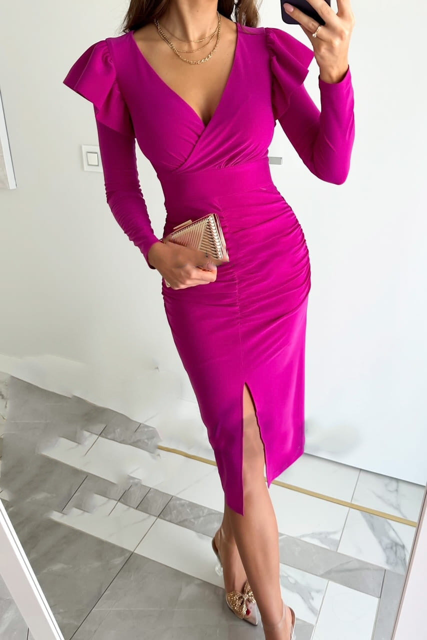 V-Neck Chic Slim Waist Slit Solid Color Long-Sleeve Midi Dress 5