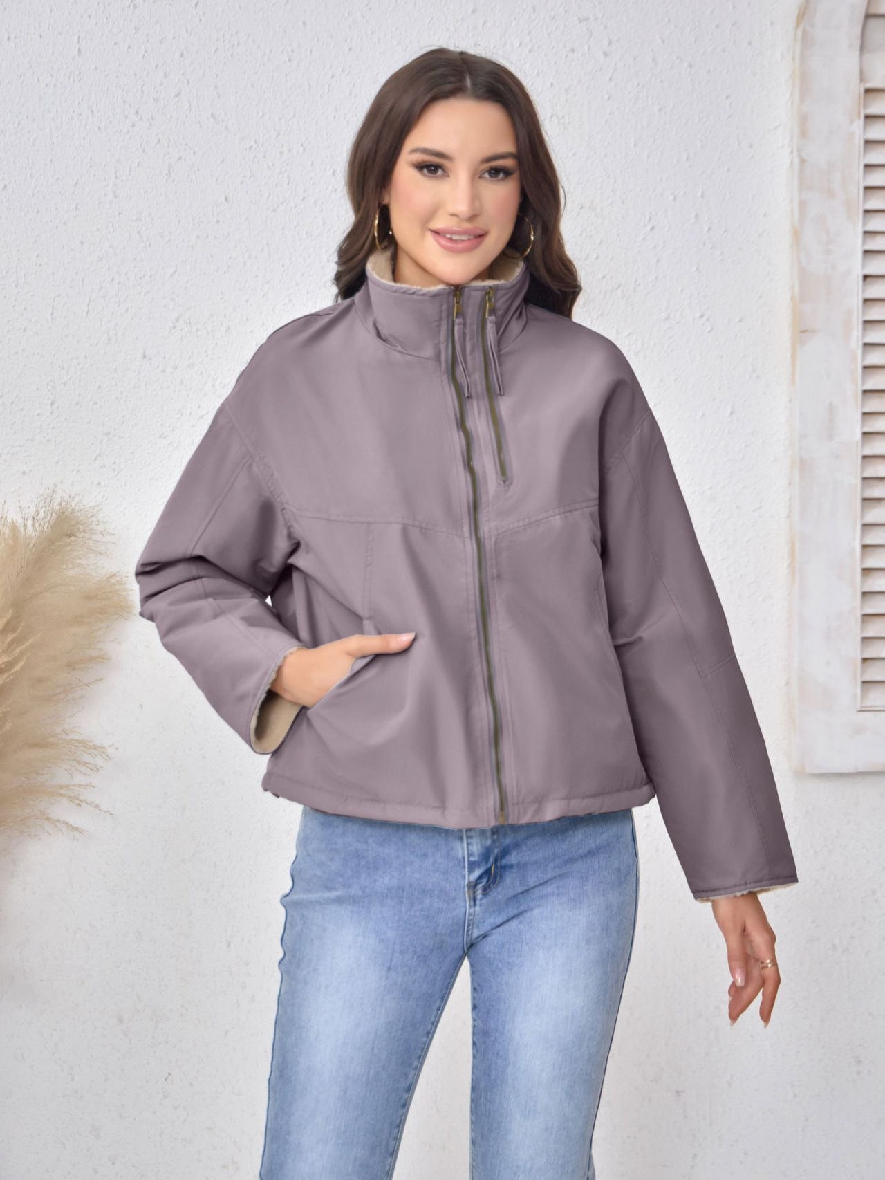 Stand Collar Fleece Women's Coat Winter Trendy Loose Jacket Short Outerwear 8