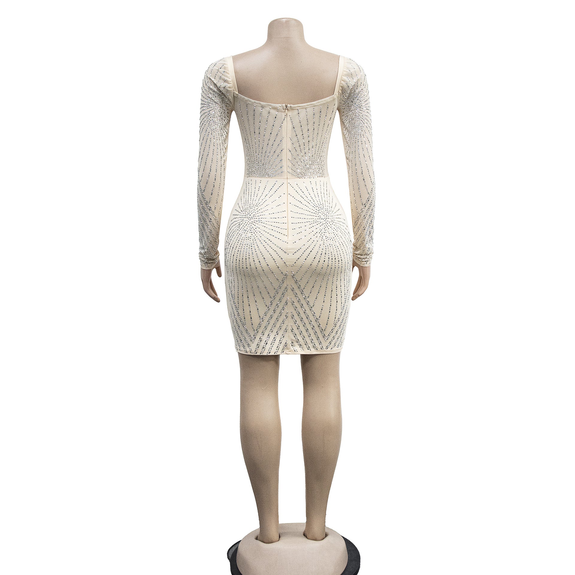 Women's Fashion Solid Color Mesh Beaded Long Sleeve Dress 11