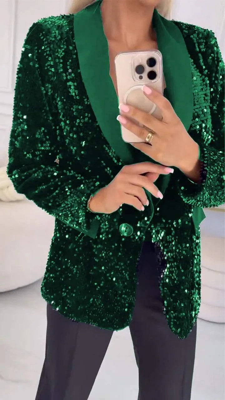 Women autumn and winter Casual sequin Turndown Collar Blazer jacket 4
