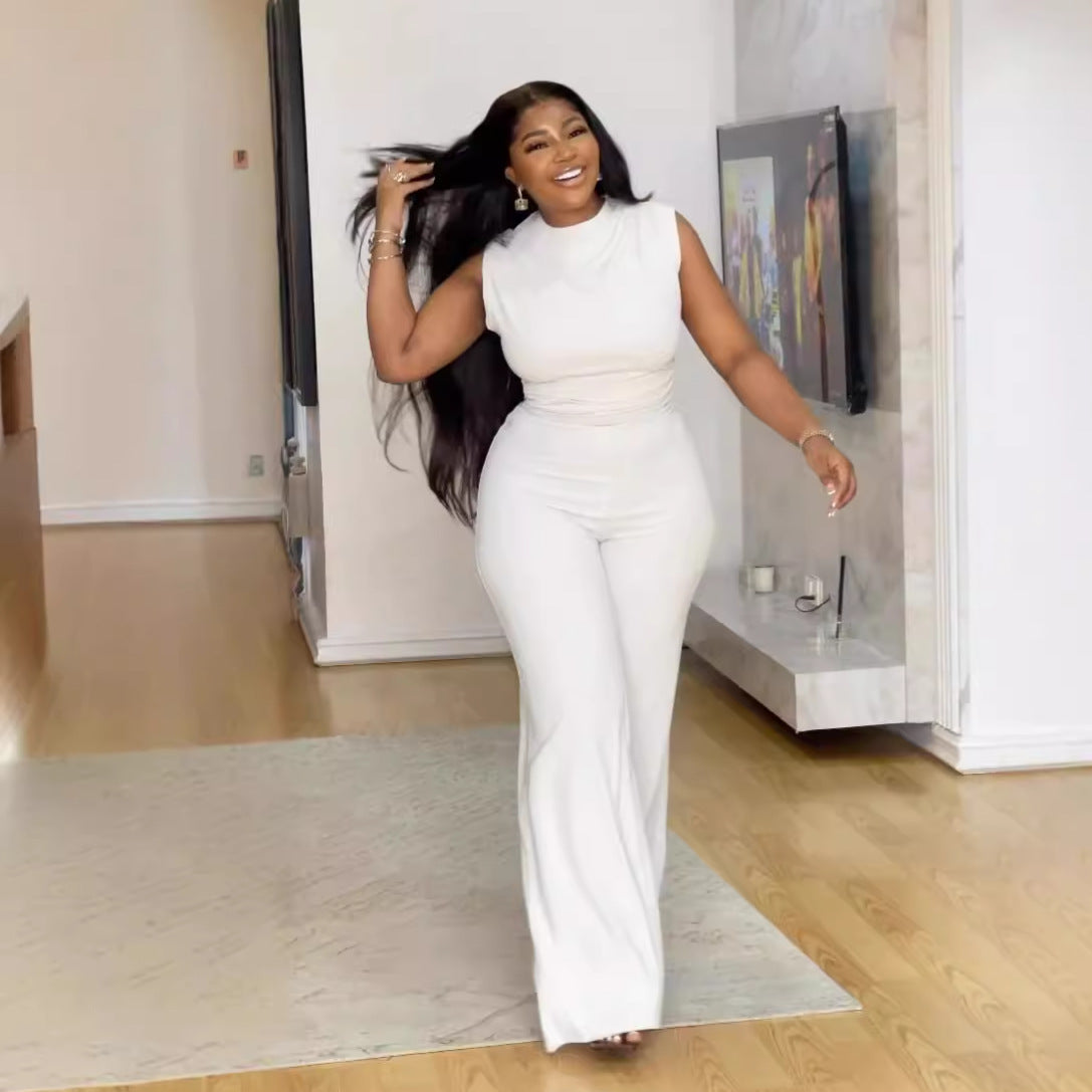 Sexy solid color sleeveless pleated wide-leg Jumpsuit 4