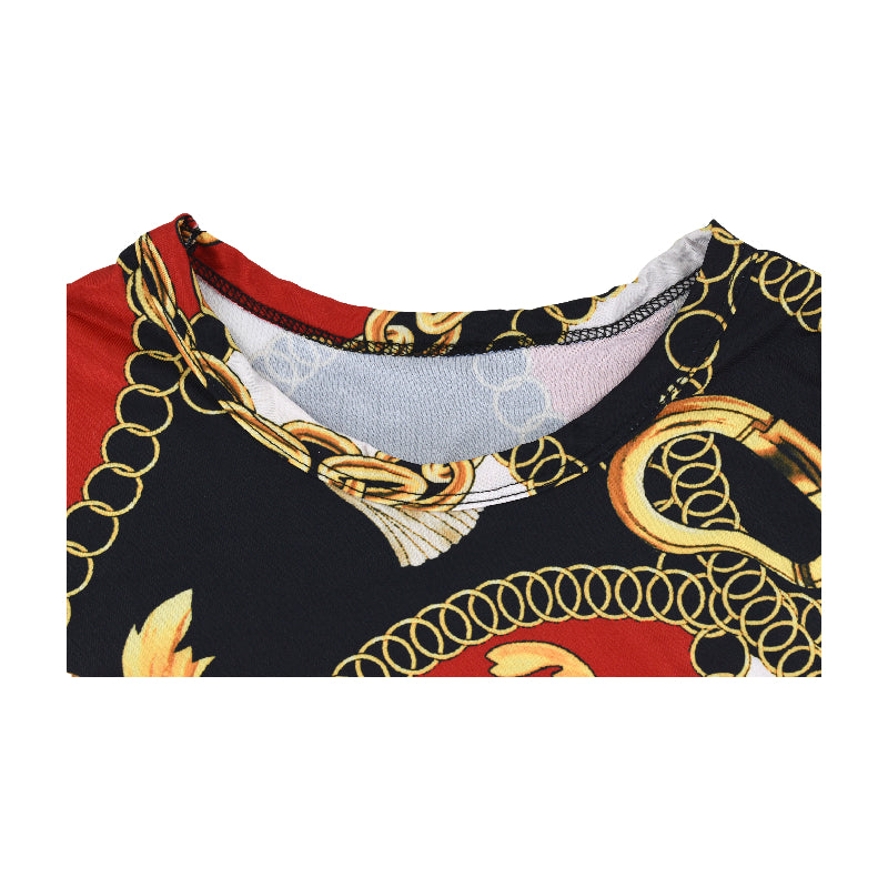 Sexy Chain Print Short Sleeve Drawstring Irregular Casual Dress 6