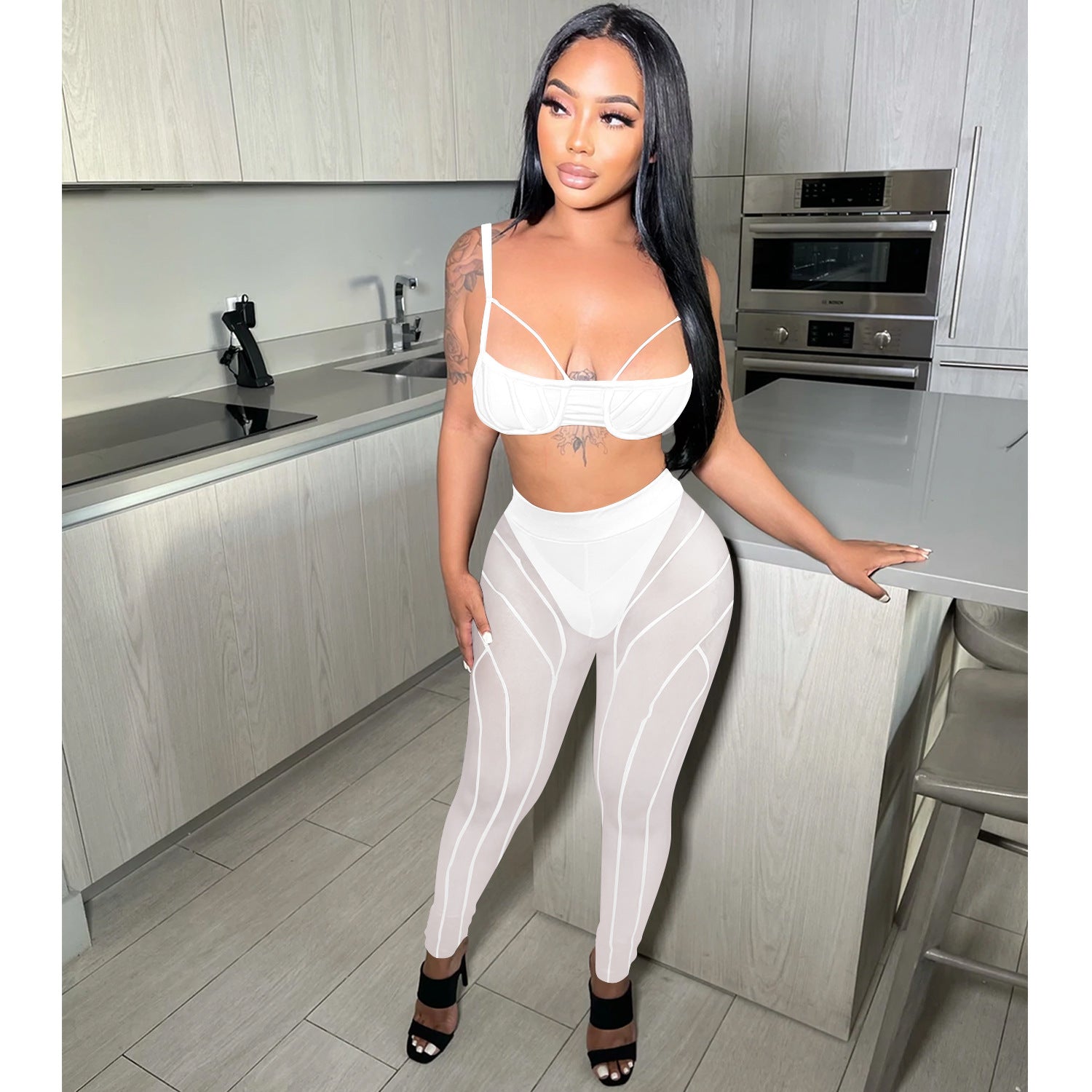 Women sexy bra strap zipper mesh See-Through trousers two-piece set 9