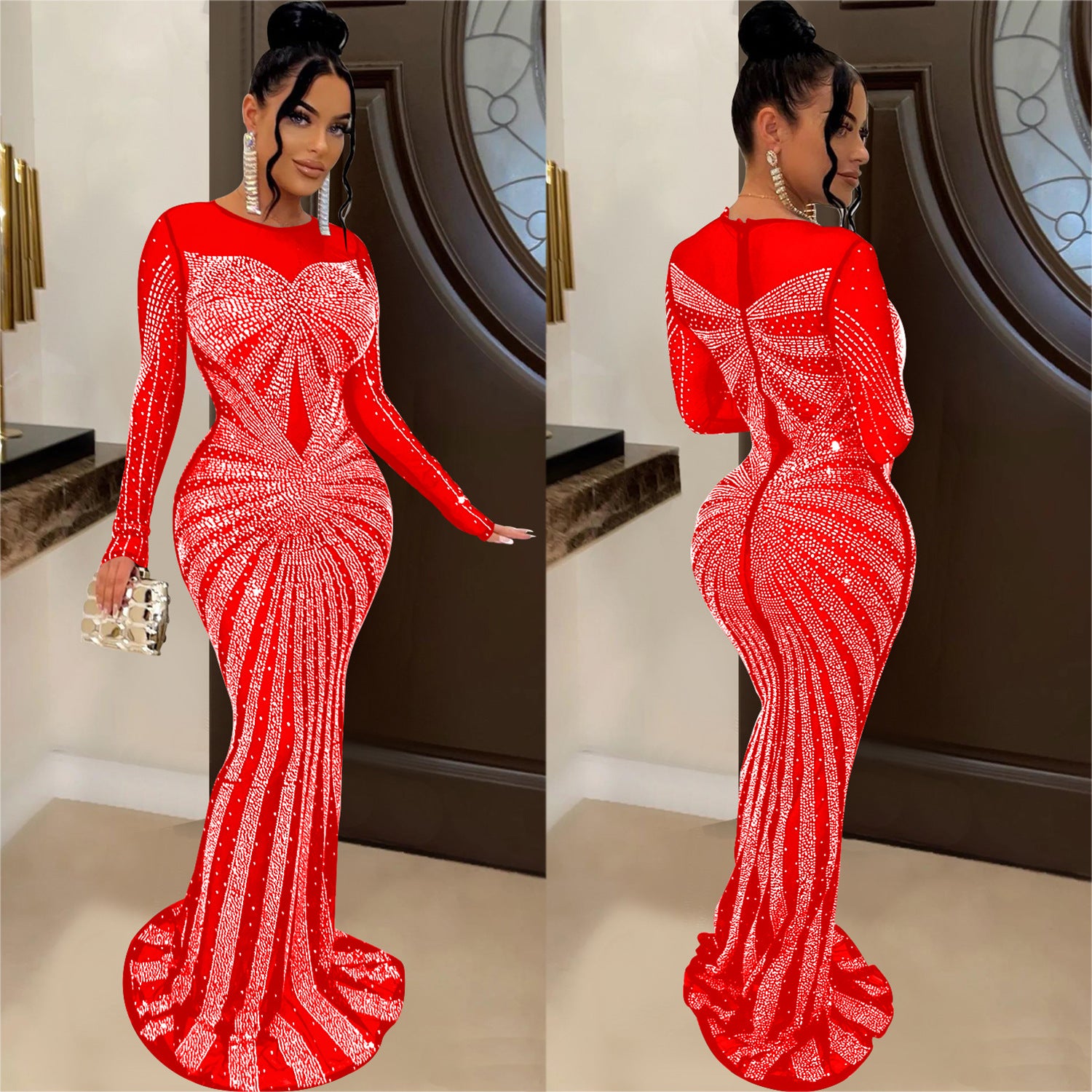 Women Solid Color Mesh See-Through Beaded Long Sleeve Maxi Dress 8