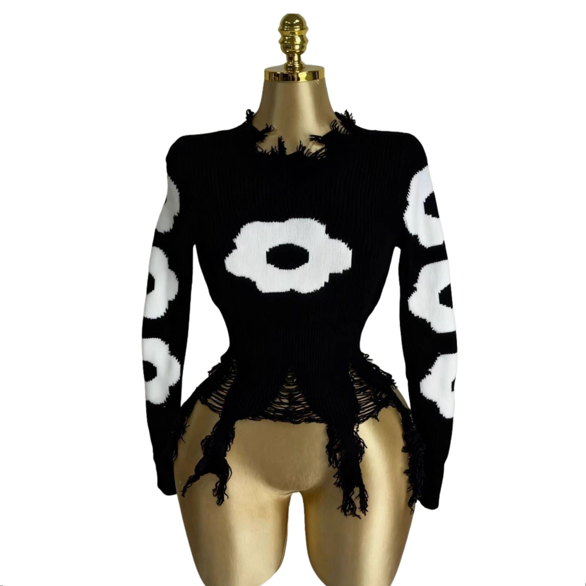 Women Cross Ripped Tassel Dark Long-Sleeved Pullover Knitting Sweater 10