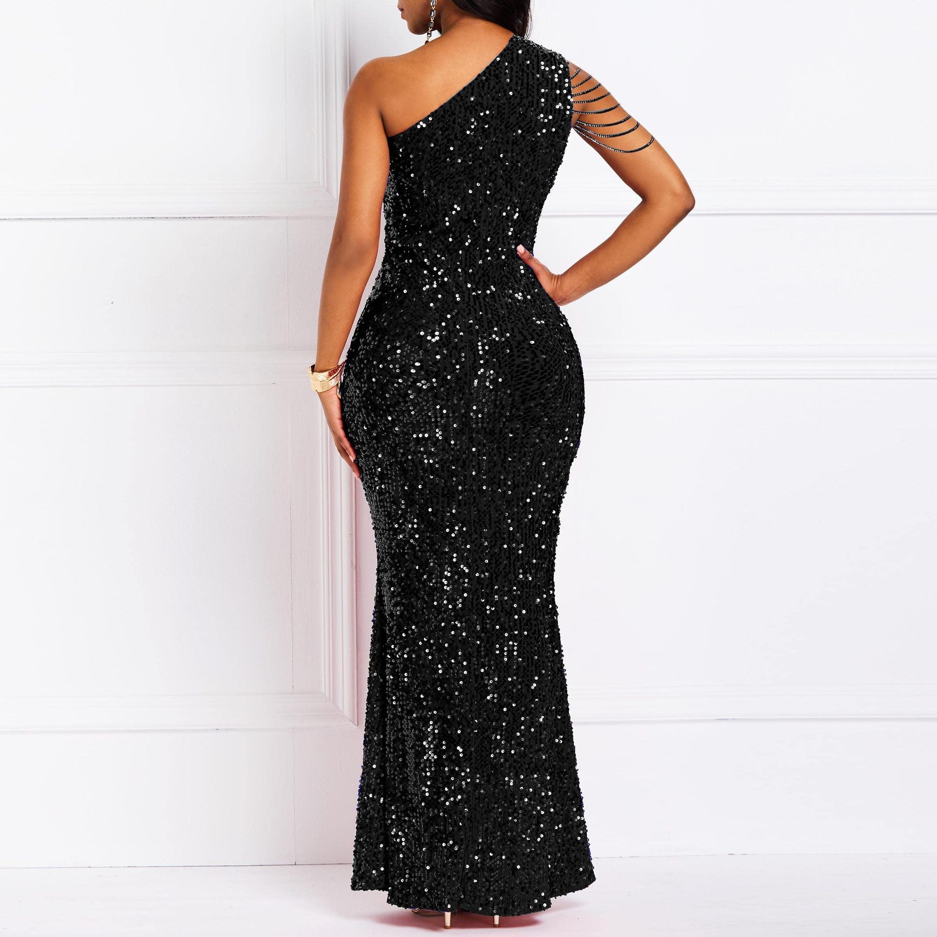 Slash Shoulder Chain Sexy Sequin Low-Back Slim Long Evening Dress 4