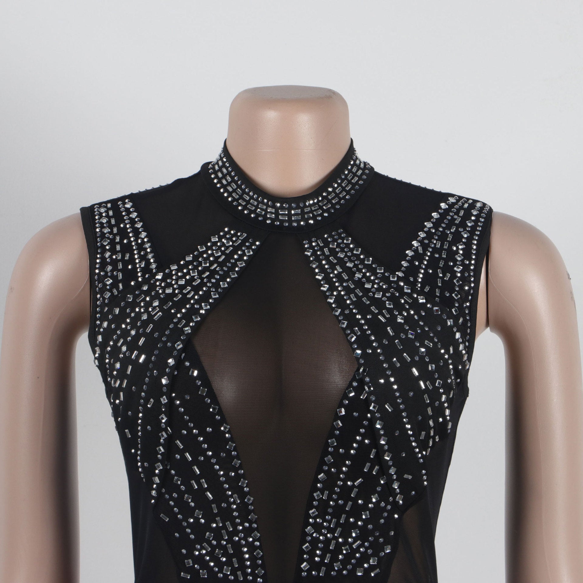 Women Sexy Beaded See-Through Bodycon Stretch Sleeveless Jumpsuit 16