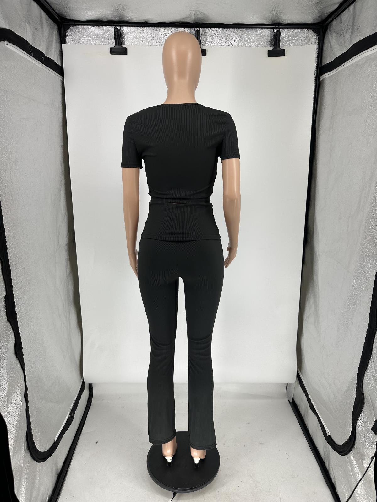 Women Summer Ribbed U-neck Short Sleeve Top and Pant Two-piece Set 26