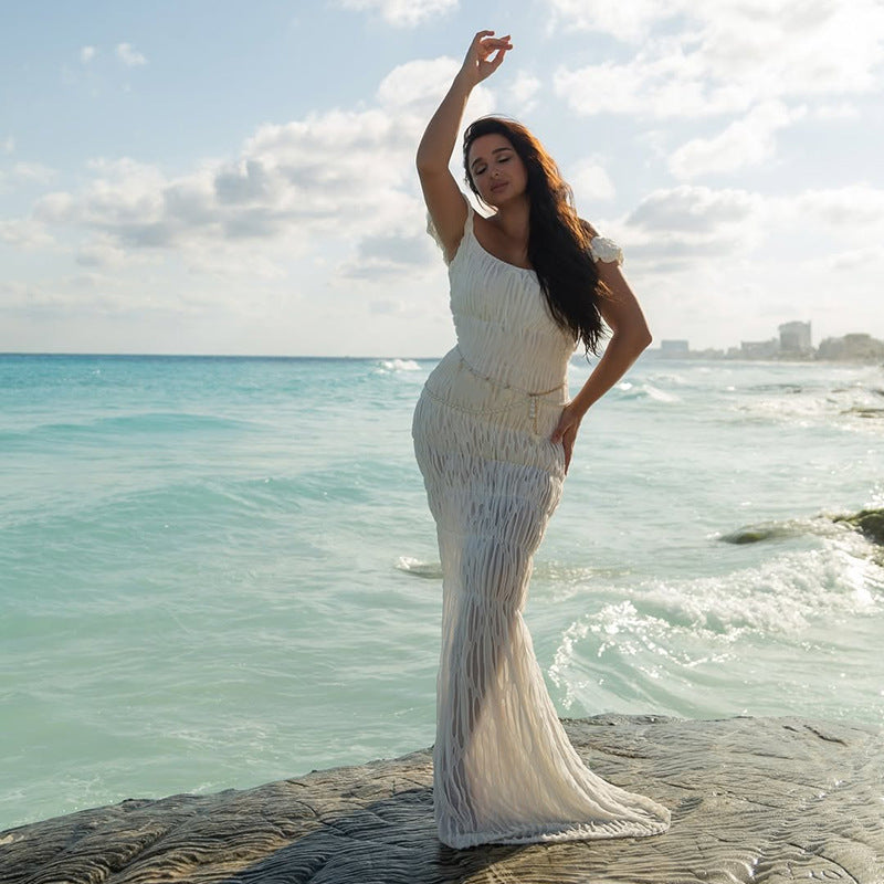 Spring Texture off shoulder slim Long Dress 5