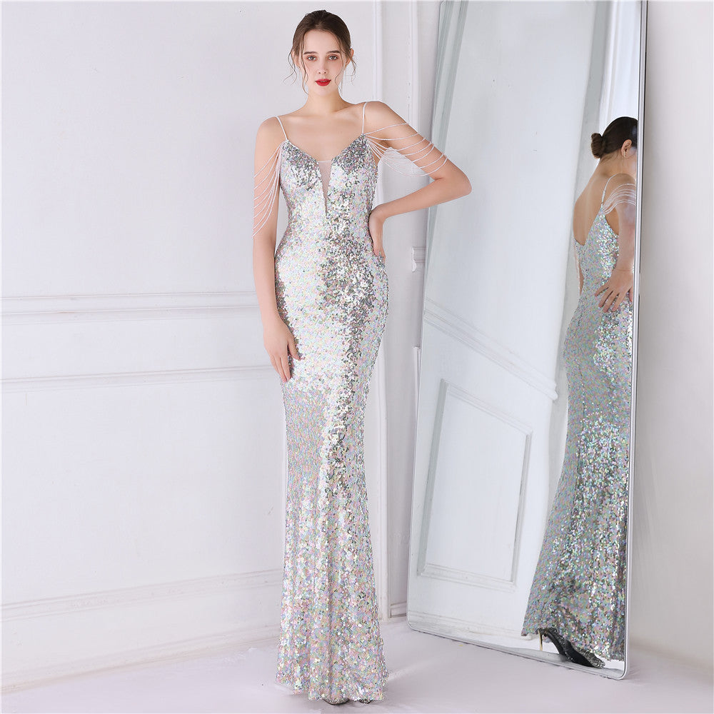 Women Summer Vintage Strap Sleeveless Solid Sequined Mermaid Evening Dress 19