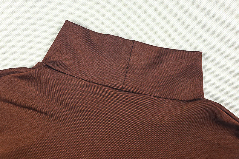 Women Slash Solid Pleated Elegant Turtleneck Long Sleeve Bodycon Dress 16