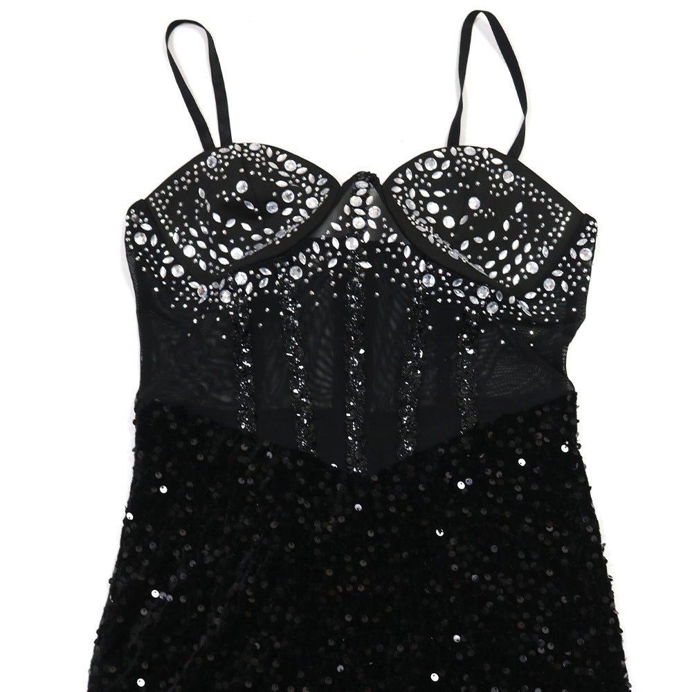 Women Velvet Sequin Beaded Strap Long Party Dress Dress 8