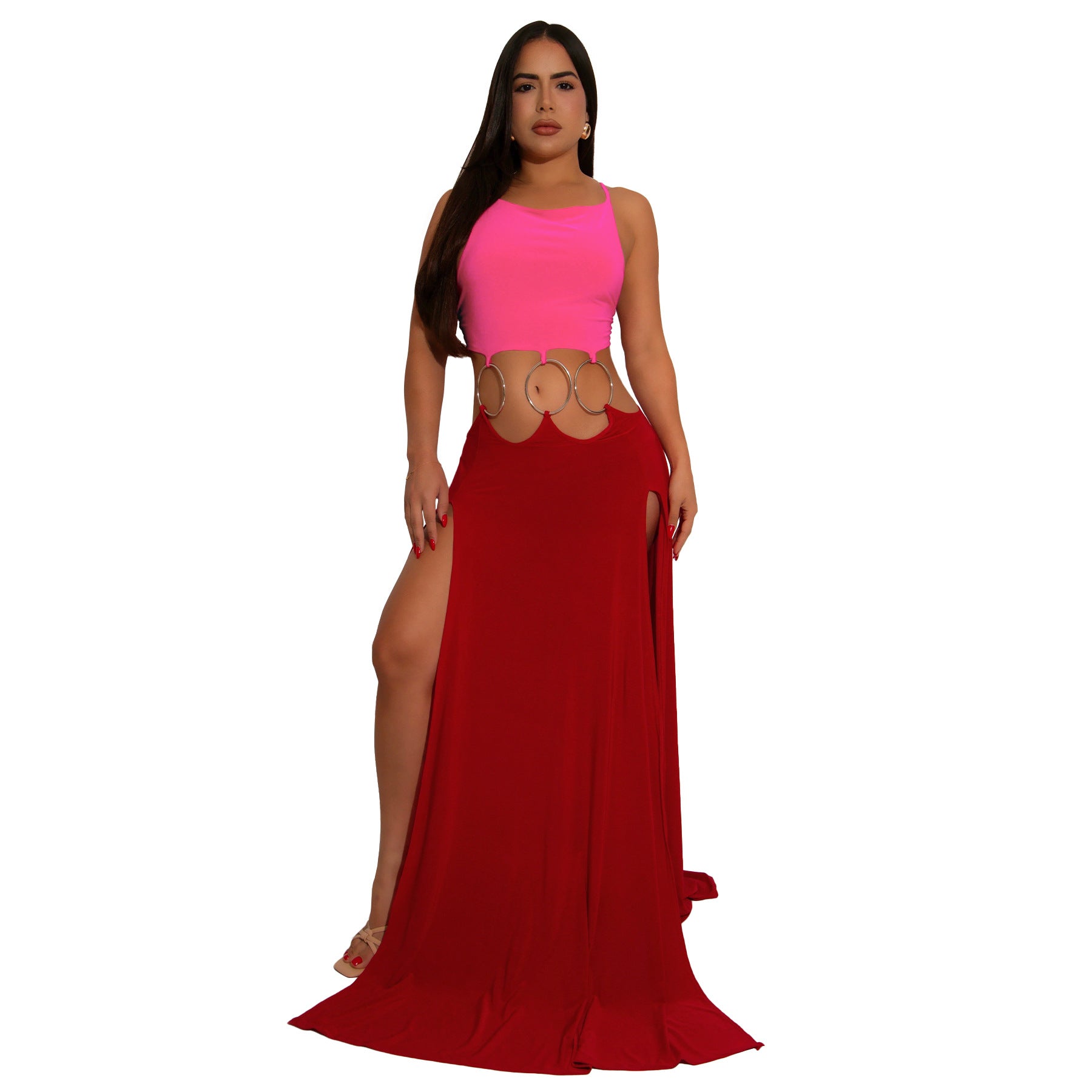 Women's Solid Color Sexy Low-Back High-Slit Contrast Dress 10