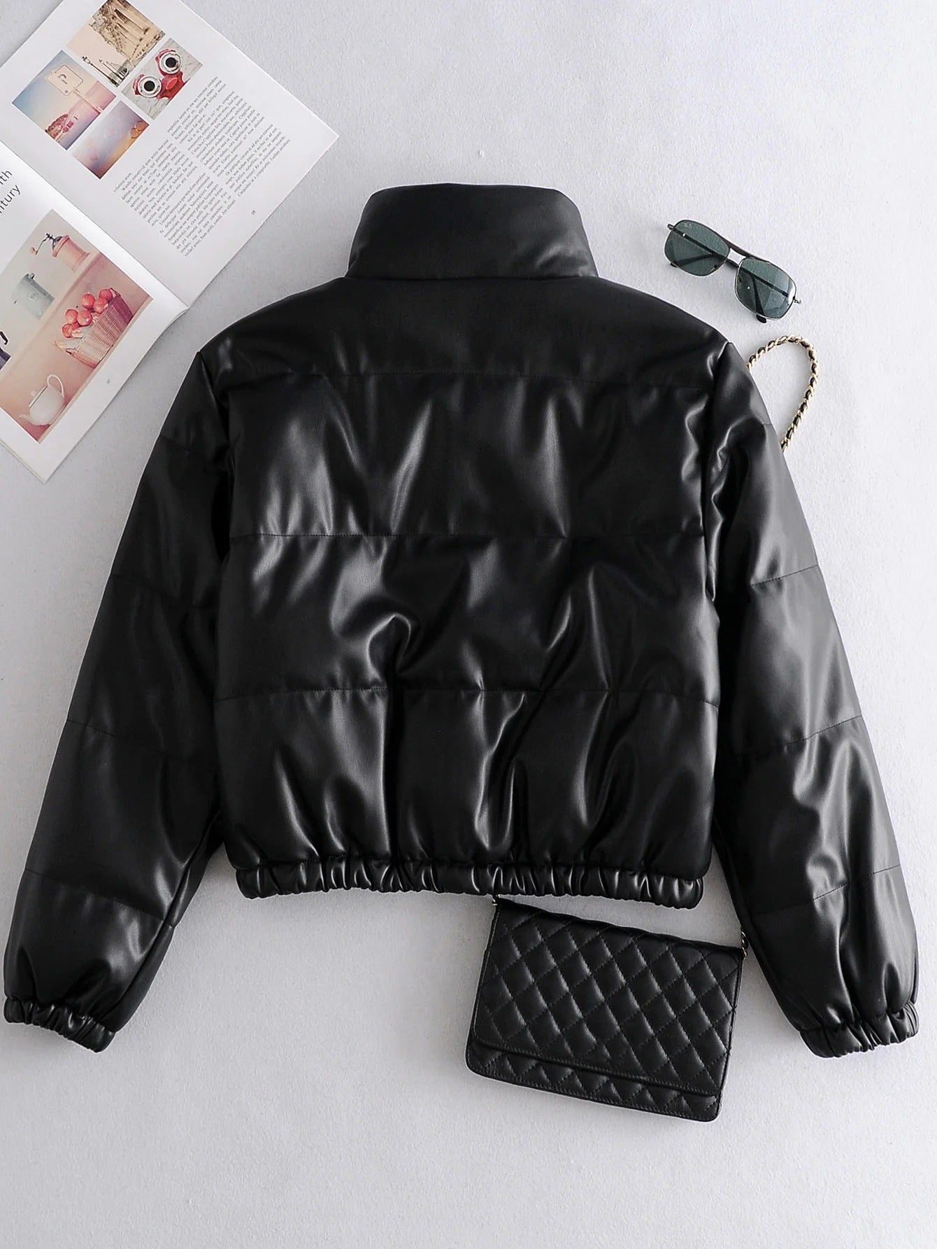 Leather Casual solid color leather cotton-padded Stand Collar jacket 75