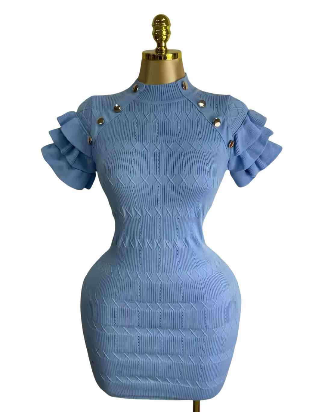 Metal Button Stand Collar Slim Fit Knit Bodycon Dress 13